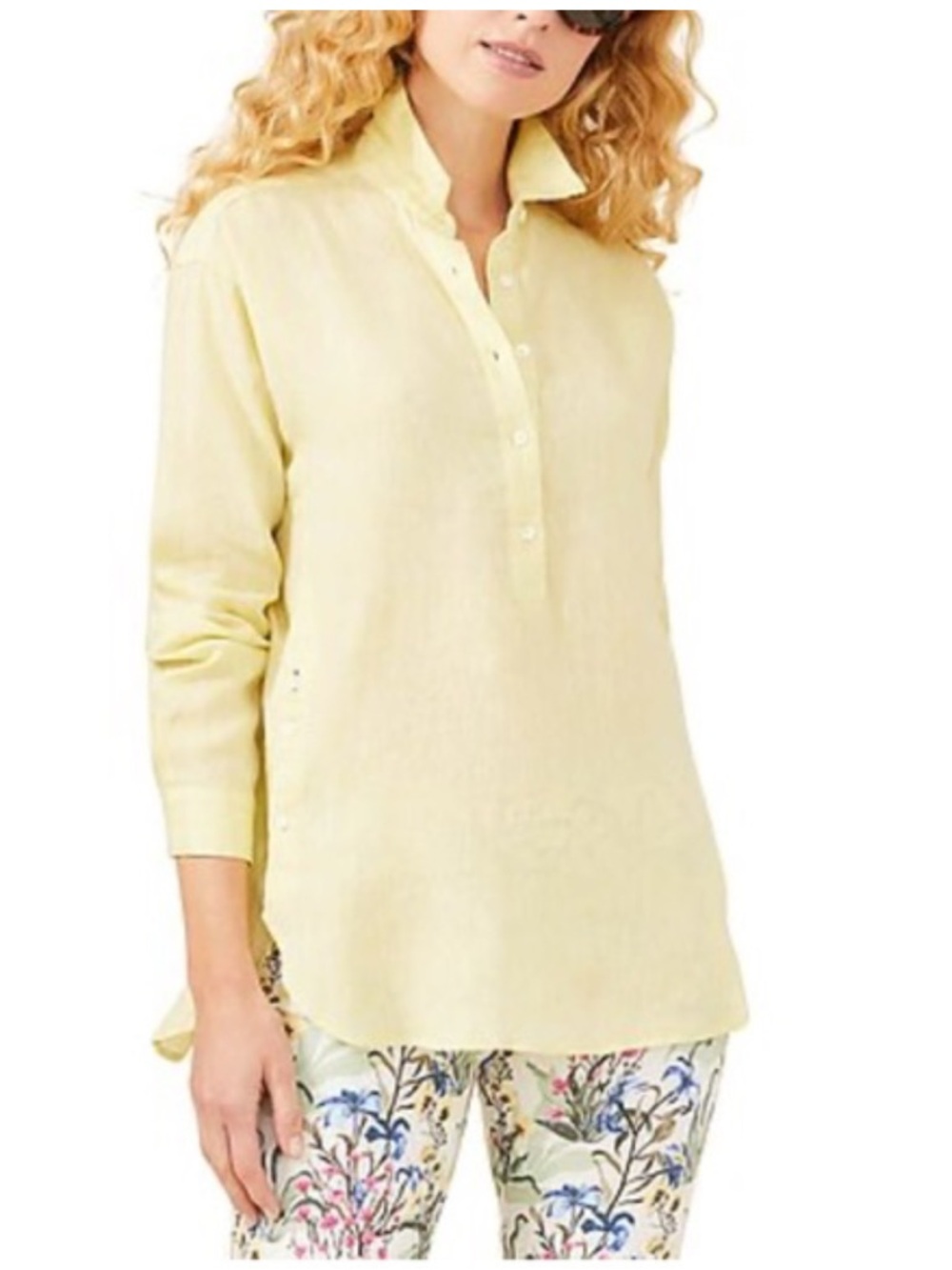 J. McLaughlin Pale Yellow 100% linen Button-Placket Pullover Tunic Size Medium